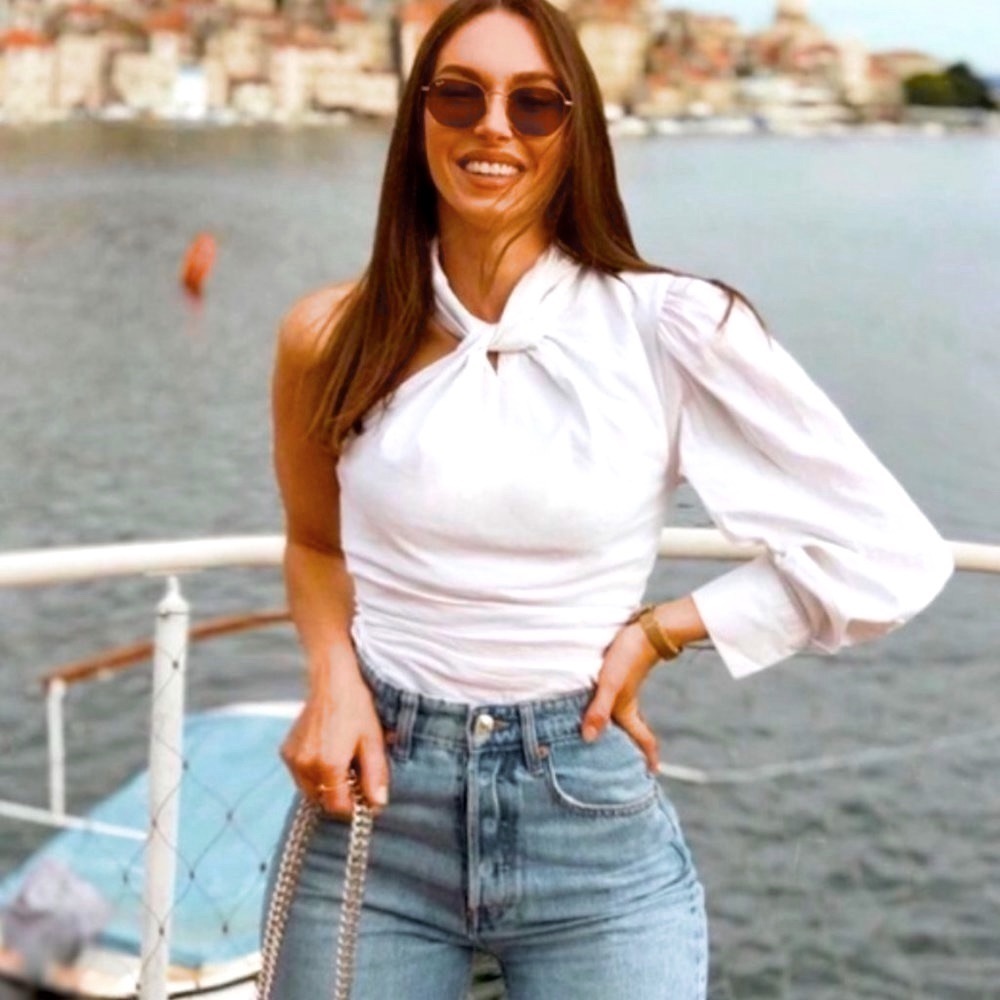 Zara Asymmetric Knot One Sleeve Top Blouse